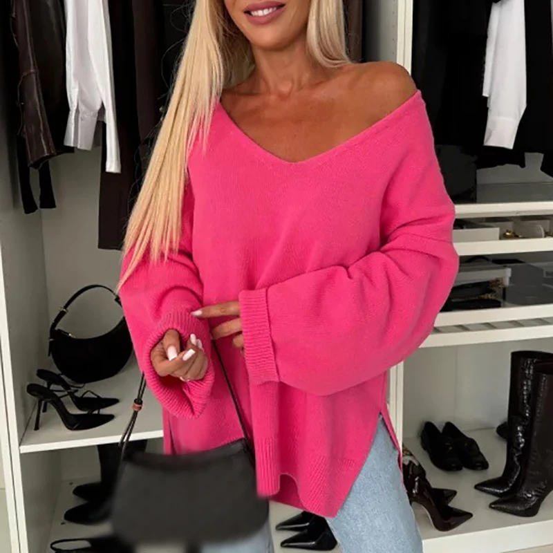 Fashion Solid Color Loose Jumper Elegant V-neck Side Split Pullover Sweater 2024 Women Casaul Long Sleeve Irregular Knitted Tops