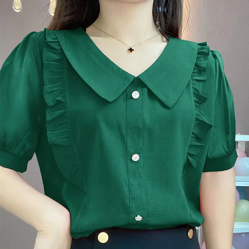 Sweet Peter Pan Collar Loose Folds Ruffles Blouse Women\'s Clothing 2023 Summer New Casual Pullovers Office Lady Chiffon Shirt