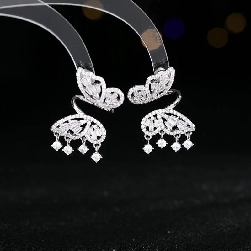 New light luxury full zirconium butterfly tassel earrings women's silver needle niche high-end earrings jewelry accessories