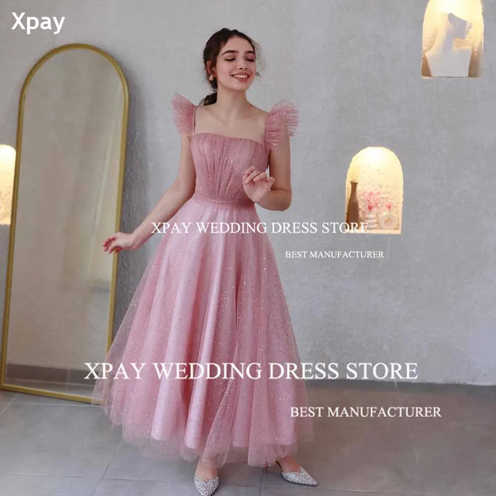 

XPAY Sweet Pink A Line Evening Dresses Tea Length Square Neck Country Garden Birthday Party Dress Backless Tulle Robe de mariage