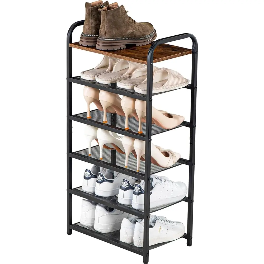 

6-Tier Shoe Rack, With Heavy-Duty Metal Grid, Rustic Wooden Top, & Metal Guardrails - Transform Your Space With Style And