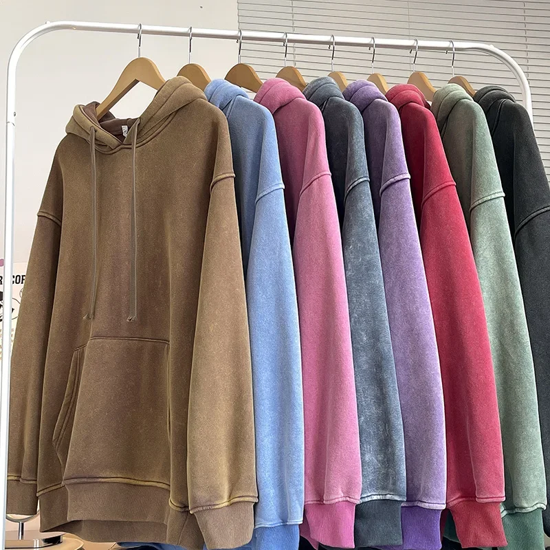 New Men\'s Solid color washed hoodie Sweatshirt  Couple Hoodie Long Sleeve Loose hip-hop youth Street Boy Pullover Sweater 2024