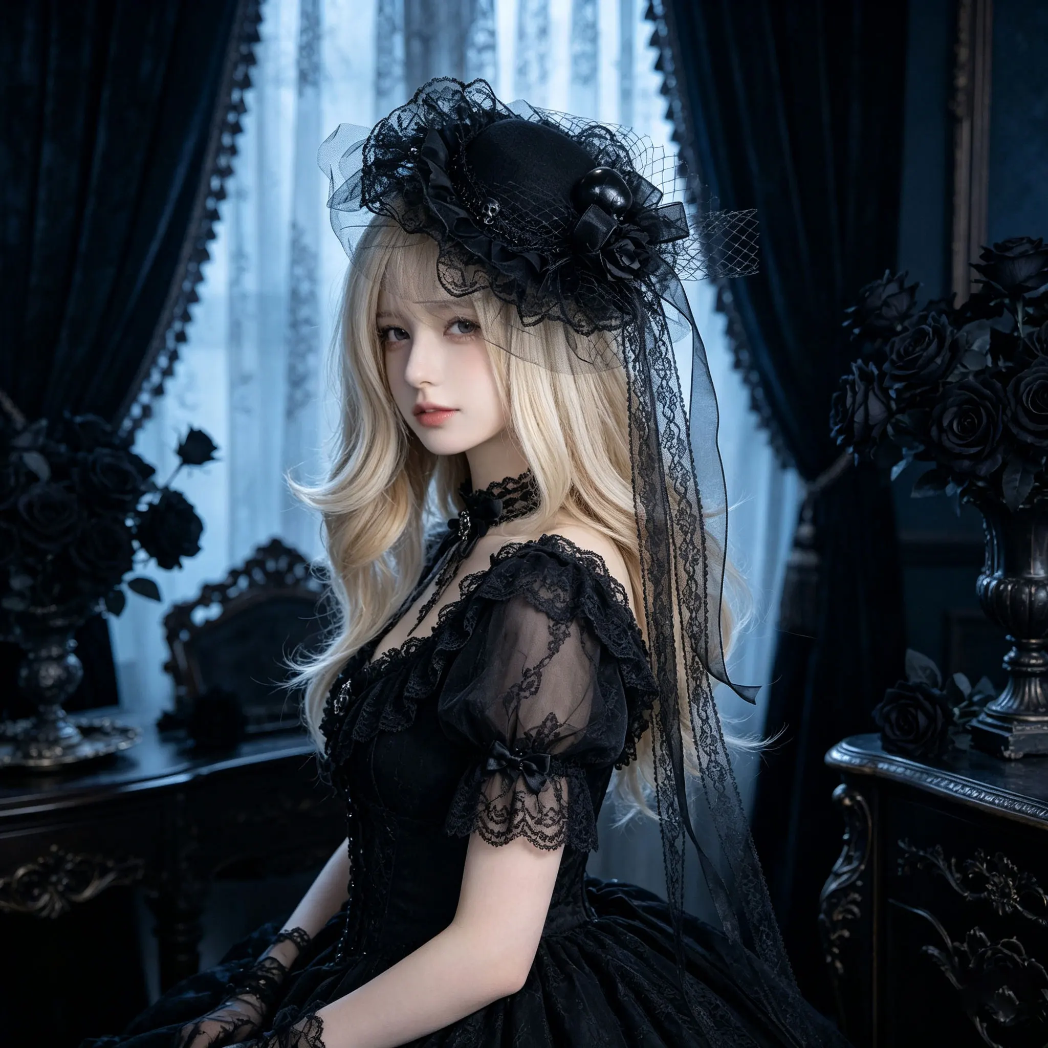 Gothic Lolita Mini Fascinator Hat,Multi‑Style Lace Veil Top Hat with Rose Bow Bead for Halloween Cosplay Tea Party Women Headpie
