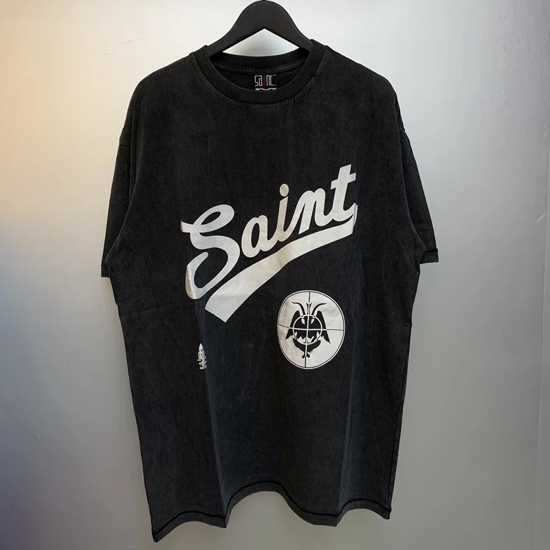 

Saint Targets Printed Short Sleeved Top Tee American Daily Street Hip-hop Retro Washed Black Pure Cotton Couple T-shirt