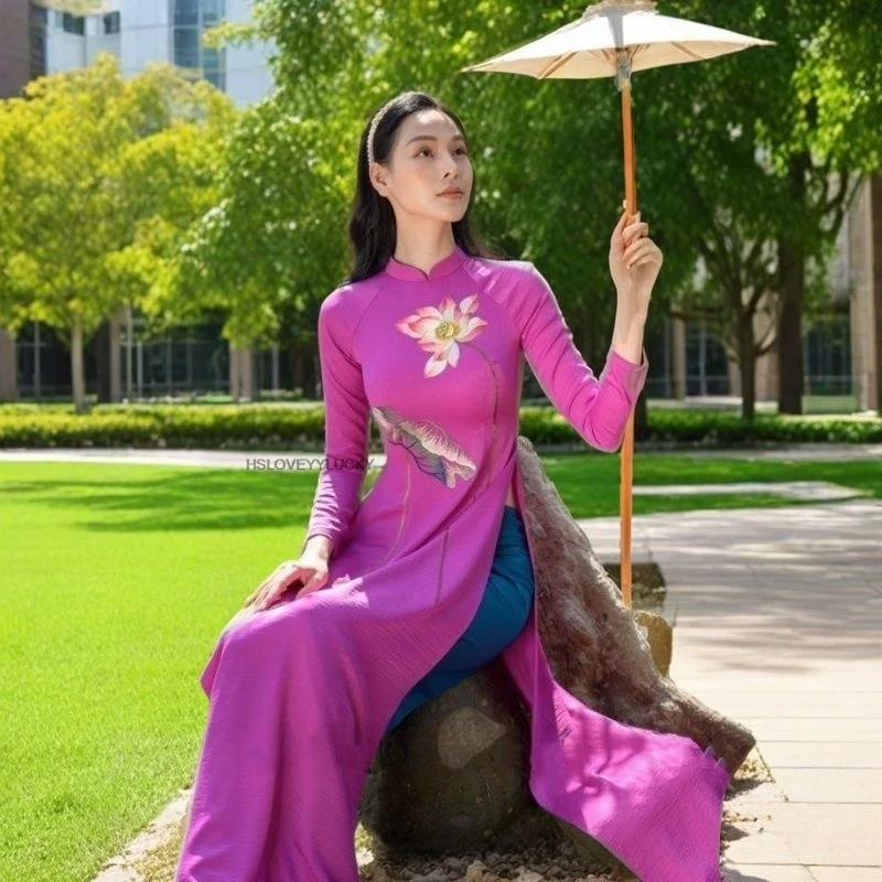 

Улучшенное Cheongsam Aodai, элегантное китайское сценическое платье, костюм для похудения, комплект из двух предметов, женская винтажная одежда
