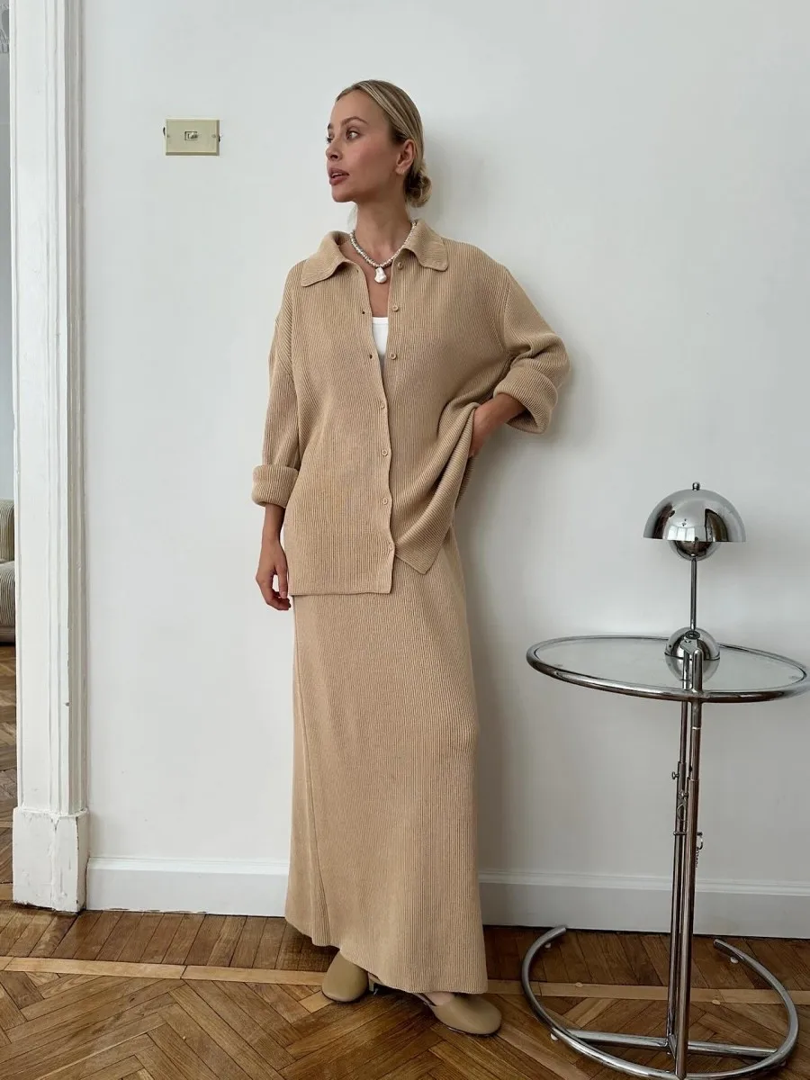 

Однотонные вязаные длинные юбки, женские однобортные кардиганы с длинными рукавами, осенний простой повседневный модный комплект из 2 предметов, новый