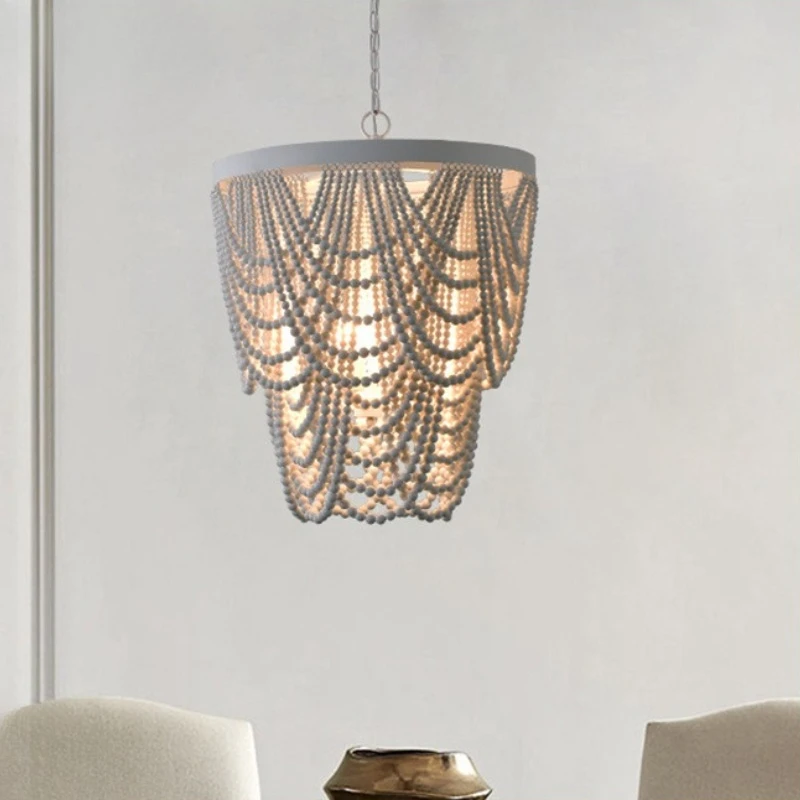 

American Country Pendant Lights Hand Carving Wooden Bead LED Chandeliers Living Room Bedroom Homestay Atmosphere Adorn Fixtures