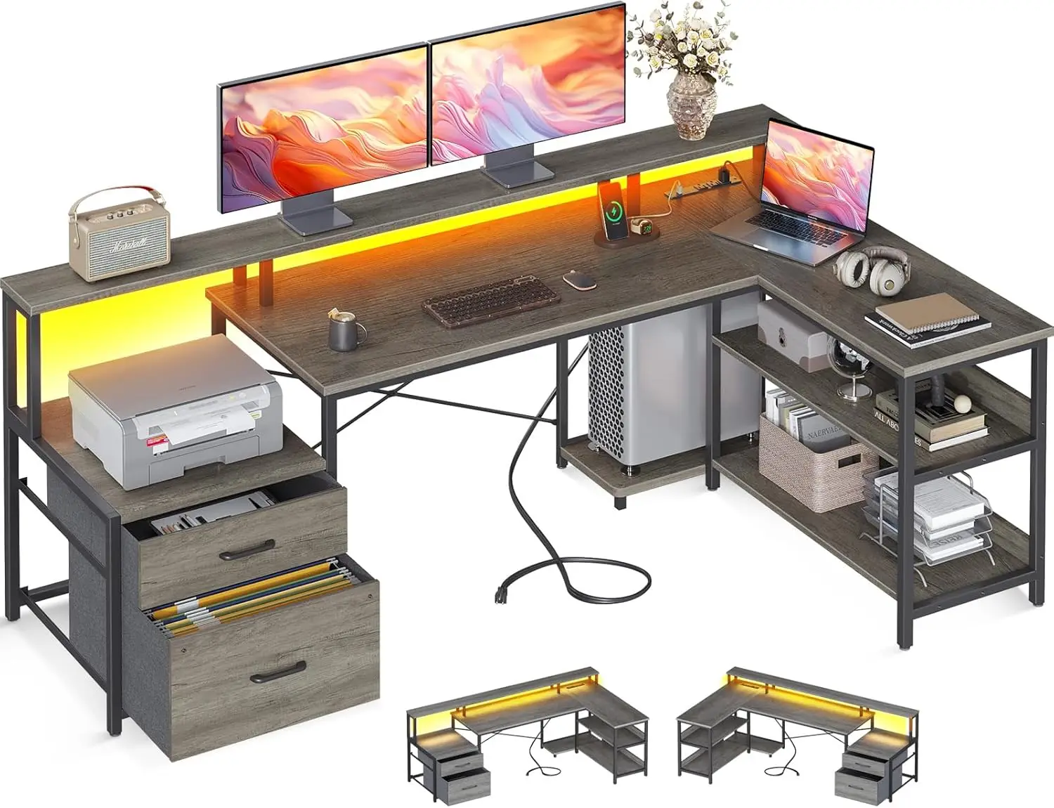 

ODK L Shaped Desk with File Drawer, 66" Reversible L Shaped Computer Desk with Power Outlet & LED Strip, Office Desk