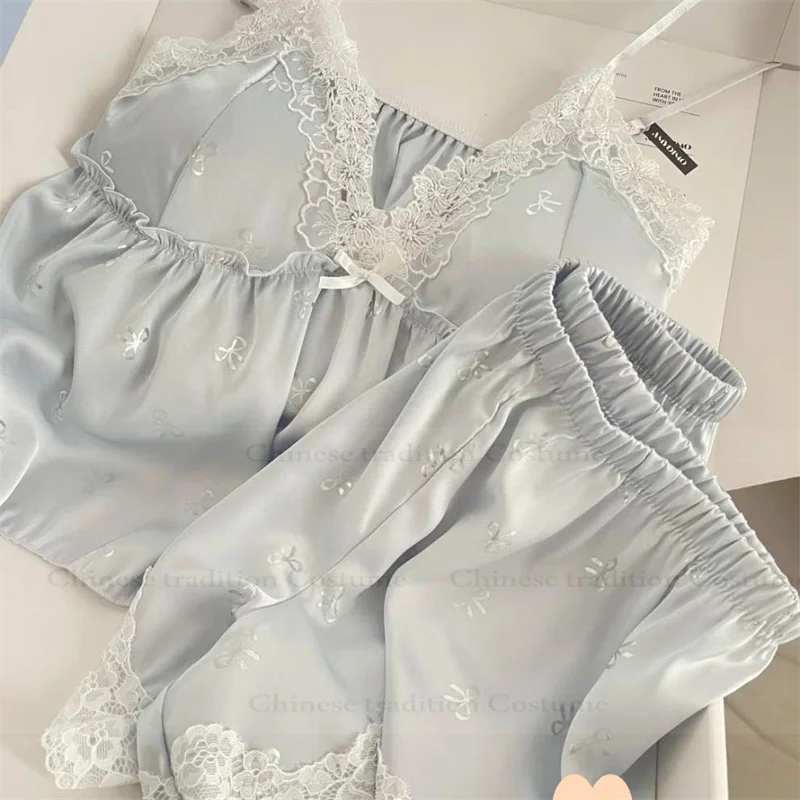 Silver Hot Stamping Bow Pajamas Set 2Pcs Lingerie Sexy Sleeveless Top Shorts Satin Loungewear Pyjamas Femme Home Clothing