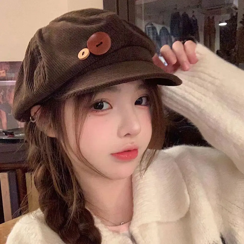 

Retro Newsboy Cap For Women Korean Button Octagonal Cap Autumn Winter Painter Artist Hats Japanese Brown Peaked Caps