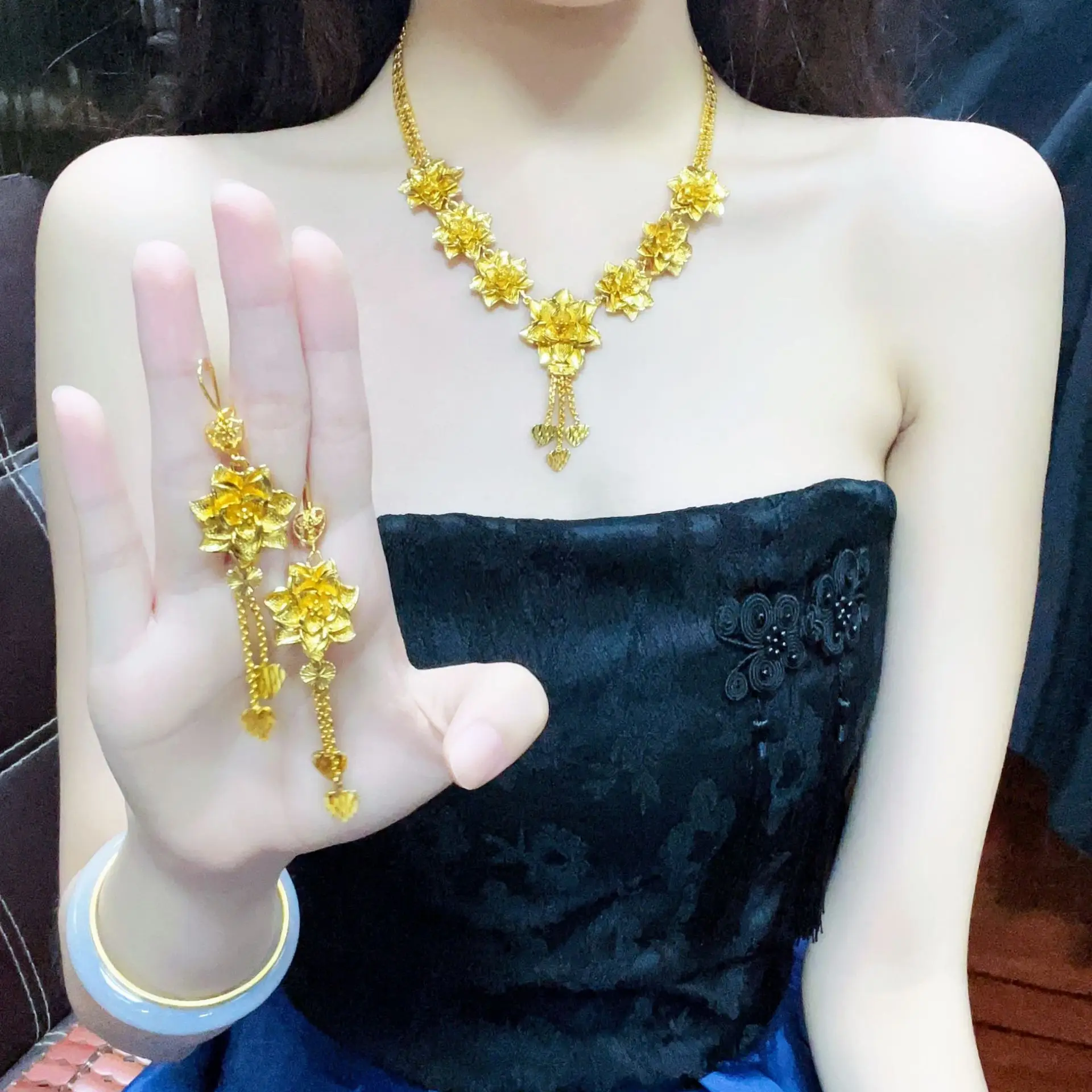 Luxury 24K 9999 Pure Gold real gold Dubai Middle East Flower Women's Necklace Set Lotus Necklace - view 3