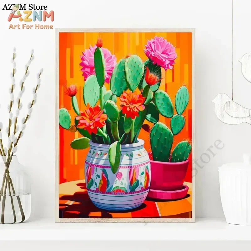 AZNM Vibrant Cactus Flower Canvas Wall Art, Colorful Succulent Plant Print, Frameless Boho Desert Cactus Canvas Painting for Liv
