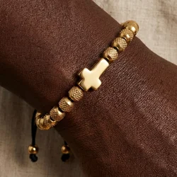 Charm Bracelet Cross Stainless Steel Beaded Bracelets Handmade Men Women Prayer Fitness Chain Couple Jewelry Gift
