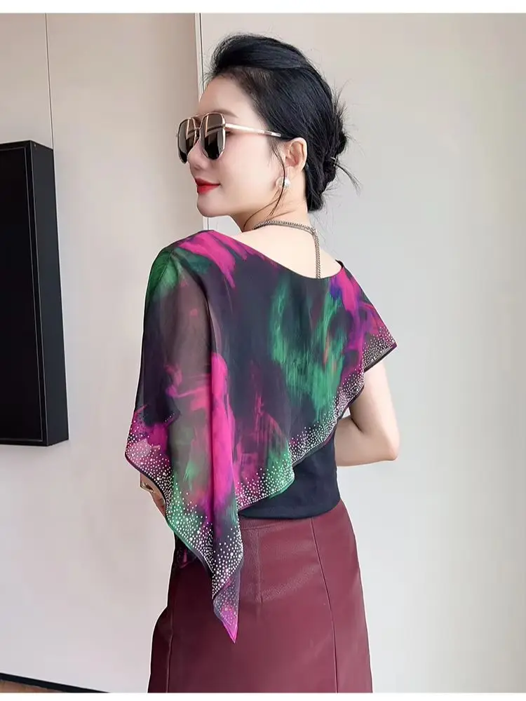 Chic Rhinestone Tie-Dye Short Sleeve T-Shirt for Women, Summer Cape-Style Blouse with Shawl Draping, Slimming Fit and Trendy