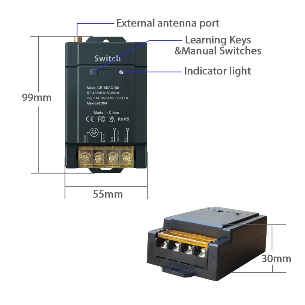 RF433MHz Remote Control Wireless Switch 30A AC 90-250V High Power Wide Voltage Longer Distance Multi-purpose Remote Control