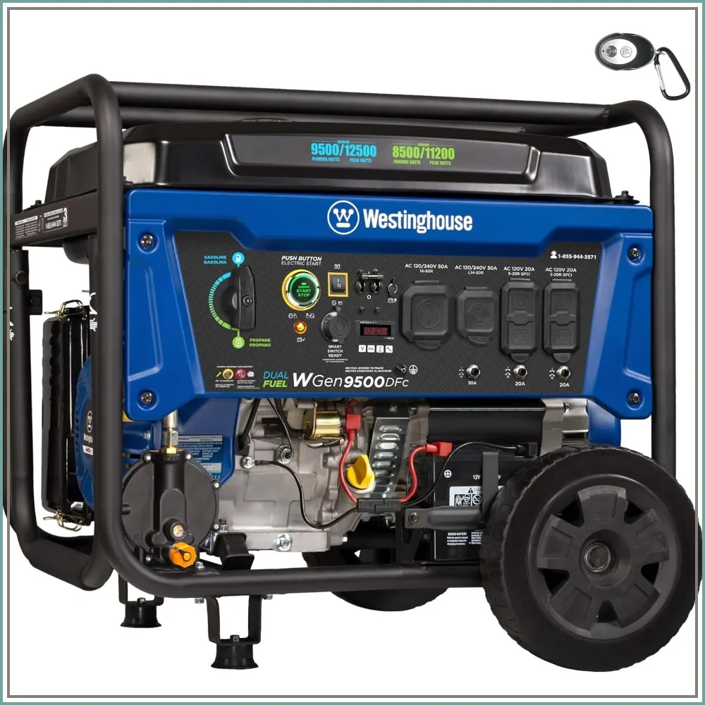 Dual Fuel Portable Generator 12500 Peak Watt Remote Start Transfer Switch Ready CO Sensor