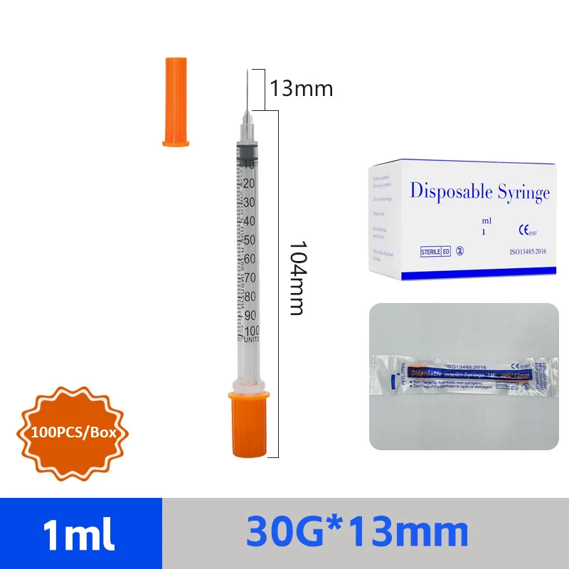 حقنة أمان متعددة الحجم 1 مل مع إبرة للأنسولين معقمة ملفوفة بشكل فردي للحيوانات الأليفة وحيوانات المزرعة، 100 قطعة/صندوق