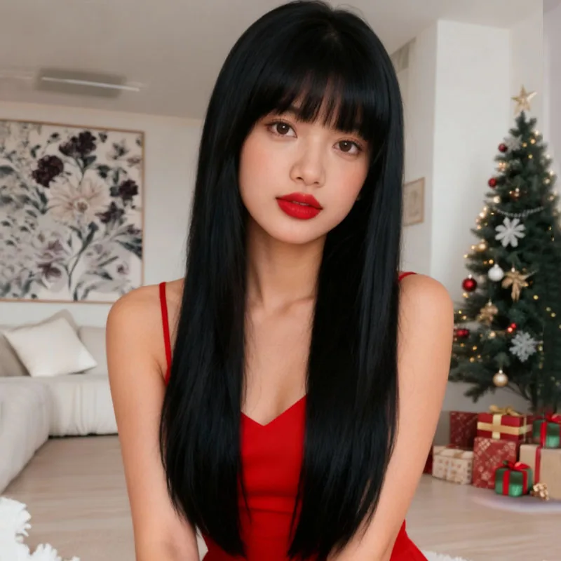 

Black 28 inch straight synthetic wig, elegant and fluffy, suitable for all women on Halloween and Christmas