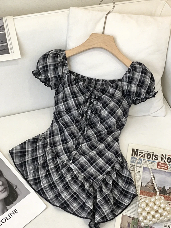 

Summer New plus Size Vintage Asymmetrical Hem Bubble Sleeve Shirt Plaid Top Breathable Skin-friendly Korean Style Commute Shirt