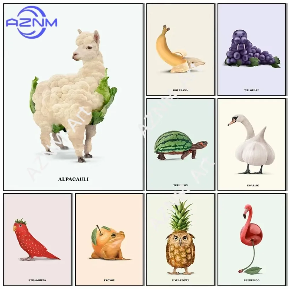 1pc Funny Fruit Vegetable Animal Canvas Painting Mural Posters and Print Mural Are Suitable for Living Room Home Decor