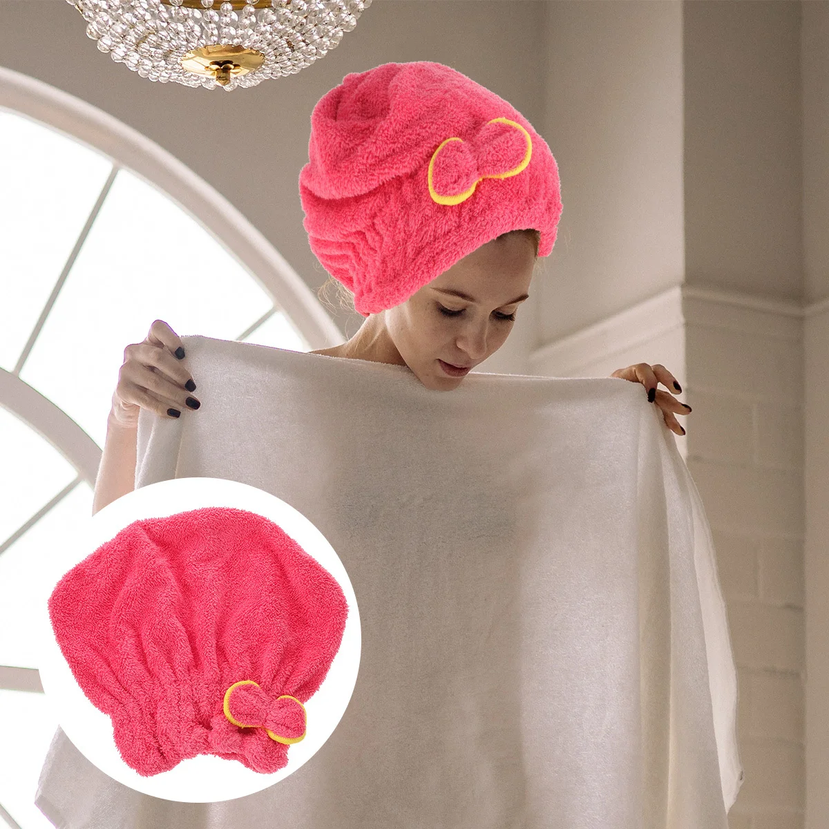 

Rose Red Bowknot Hair Drying Cap Coral Fleece Elastic Bath Cap Fast Drying Comfortable Texture Ideal Daily Use