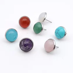 12MM Stone Pendant Stainless Steel Stud Earrings Jewelry Tiger Eye Opal Blue Pink Crystal Earings Women Men Gift