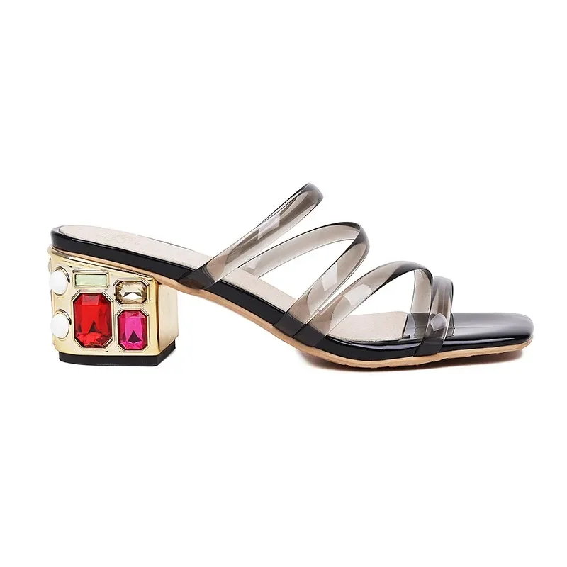 Seaside Shoes Women Summer New Fashion Transparent Sheer Sandals Colored Diamond Square Heels Beach Slides Woman Slippers 2022