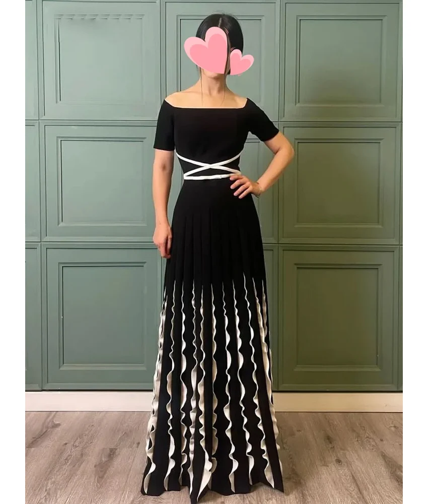 

Customized Graceful Jersey A-Line Ruffles Evening Dress Temperament Short Sleeves Square Neck Floor Length Celebrity Gowns