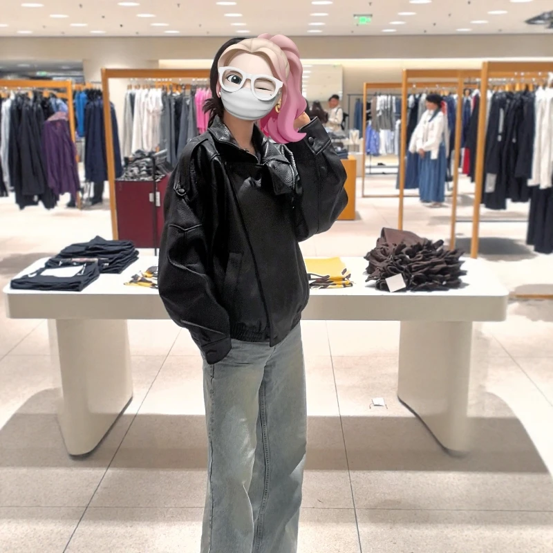 Frauen Lange Sve Zipper Kunstleder Jaet Stehkragen Mantel Herbst Neue Ankunft Casual Pendeln Sle Lose Fit Leder Mantel