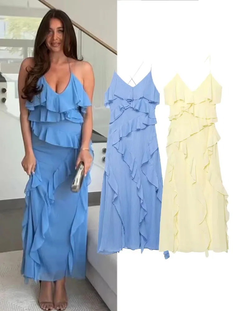 

HH Women Summer Fashion Sexy V-Neck Backless Wrinkles Decorate Midi Dress Female Elegant Zipper Beach Party Sleeveless Dress