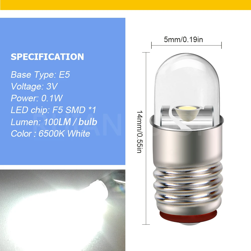 RUIANDSION 소형 LED 전구, E5 미니 나사 램프, F3 SMD 슈퍼 브라이트, 60Lm, DC 3V, 6V, 12V, 24V, 0.1W, 4.5mm, E5.S, 4 개