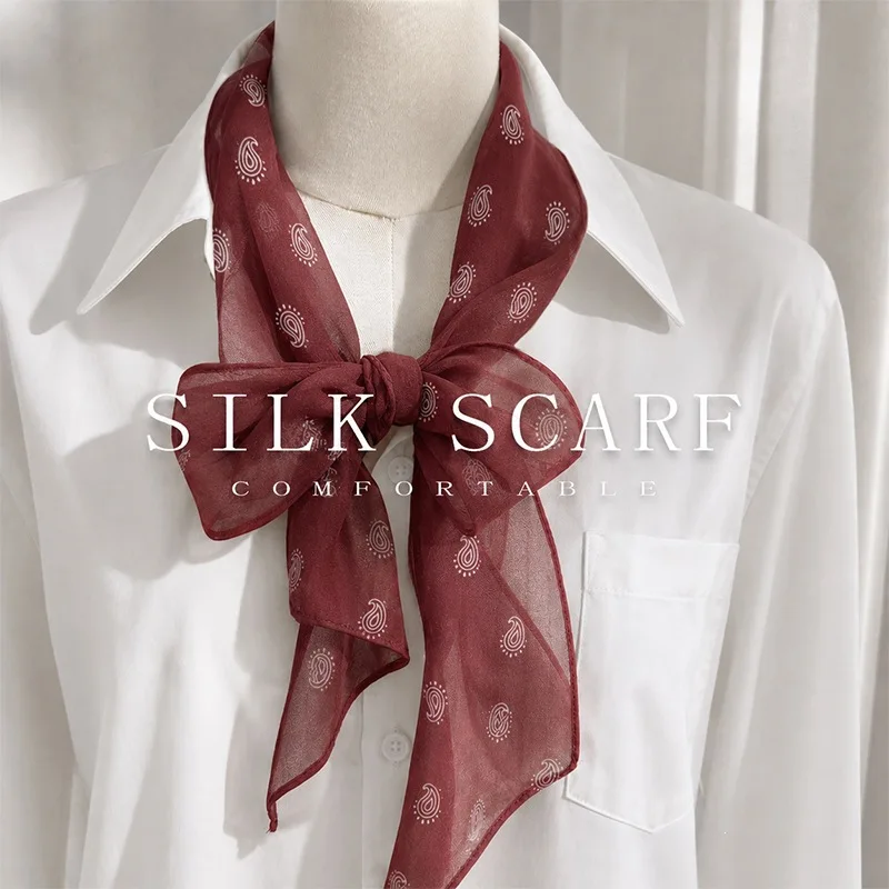 100% Mulberry Silk Scarf Burgundy Paisley Print Bow Tie Neck Scarf For Women Soft Comfortable Head Scarf Shawl Wrap Gift For Her