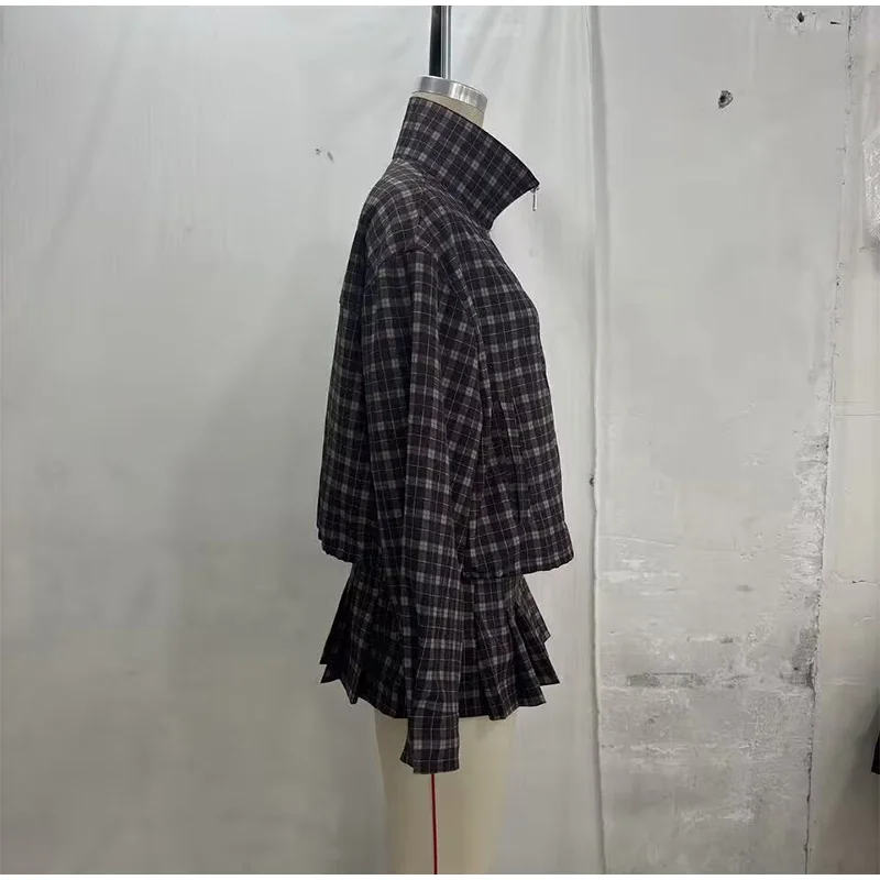 Damen-Culottes-Sets, karierte, langärmlige, übergroße Mäntel mit Stehkragen, plissierte Miniröcke, Herbst-Outfit für Damen, lockeres, paneliertes Outfit, Neu – Detail 3