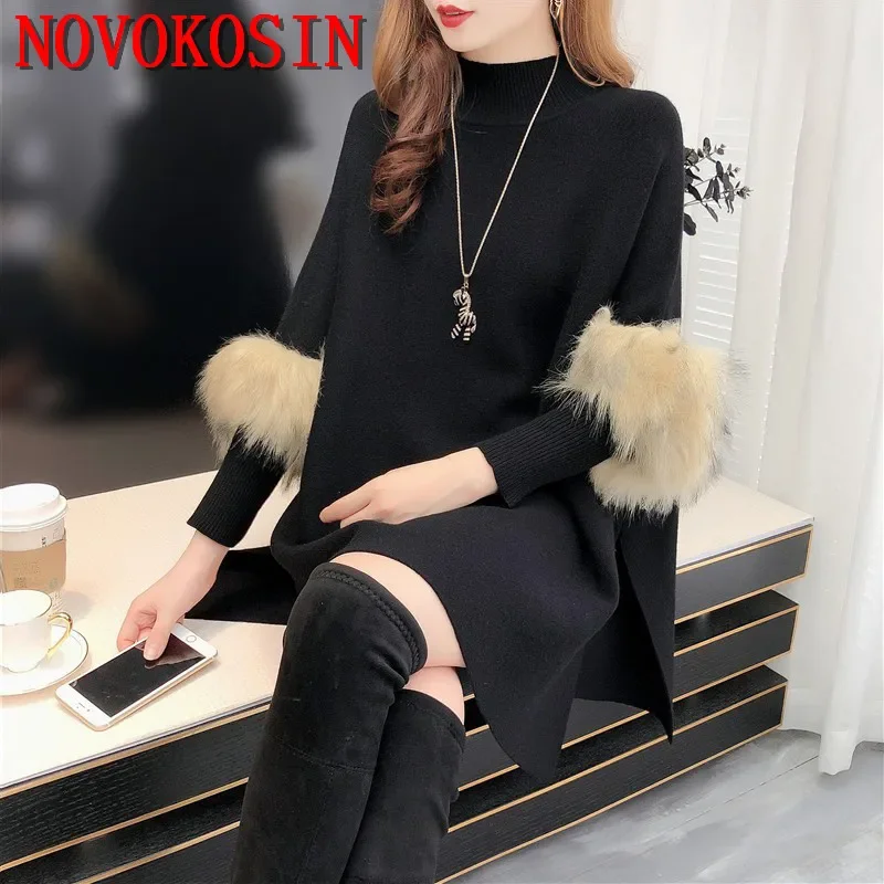 

5 Colors Women Capes Batwing Sleeves Circle Faux Fur Loose Poncho Winter Knitted High Neck Long Sweater Black Pullover Knitwear