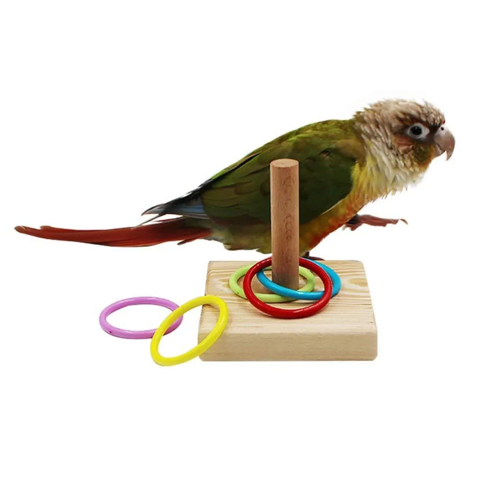 6PCS Natural Wood Base Stacking Ring Toy Space Saving Stable Construction Tabletop Bird Toy Daily Training Small Size