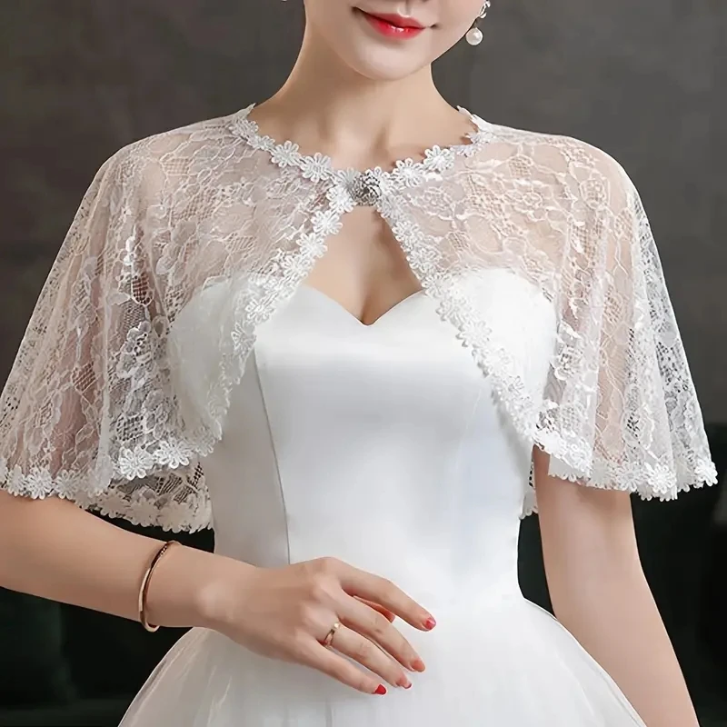 1Pcs Bride\'s Wedding Romantic Lace Shawl Elegant Rhinestone Button Shoulder Cape Thin Breathable Sunscreen Short Shawl For Women