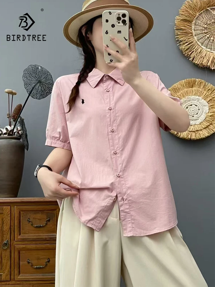 

New 2025 Summer Cotton Short Sleeve Shirt, Women Turn-down Collar Embroidery, Mori Girl Simplicity Casual Loose Blouse T56862CC