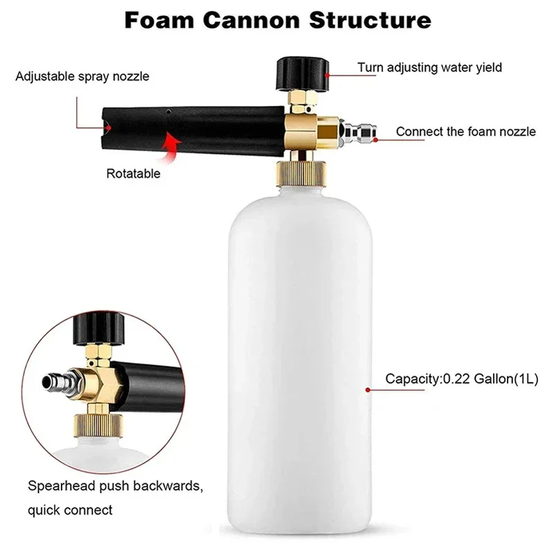 High Pressure Washer Gun with Foam Cannon 1/4 Inch Quick Connector with 5 Pressure Washer Nozzle Tips 1L with Adapter