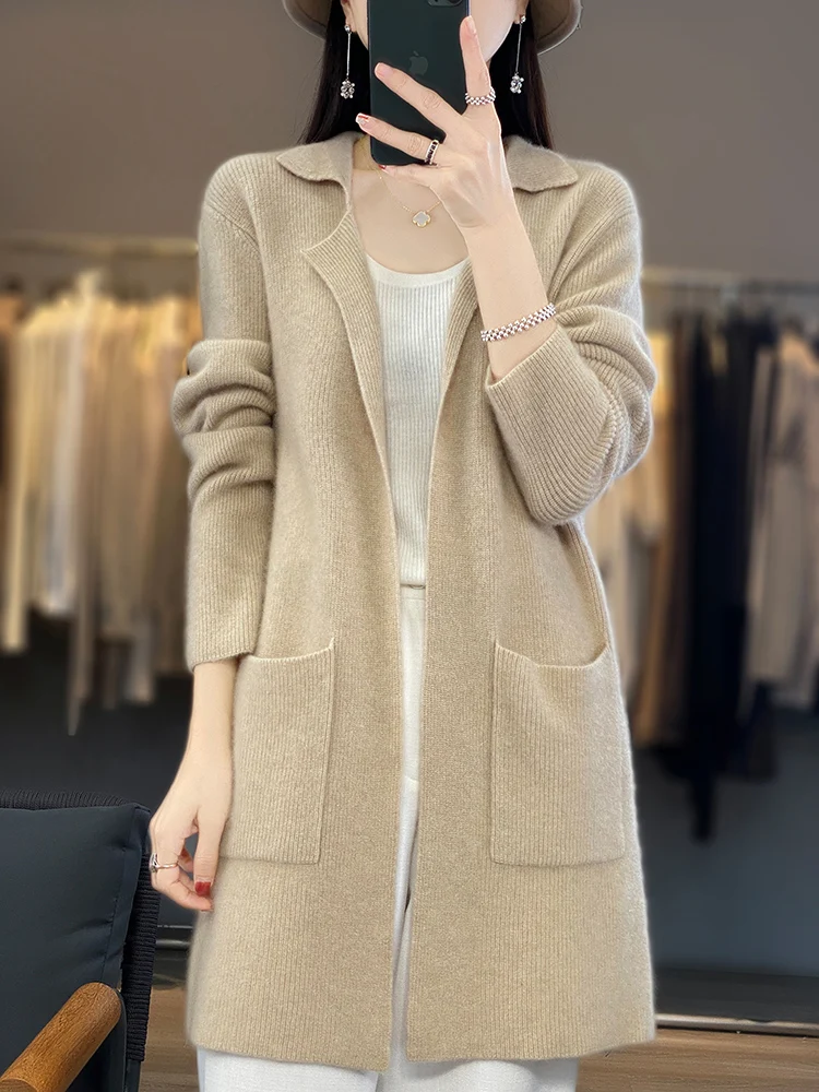 

Женский шерстяной кардиган до середины икры, свитер, осень-зима, воротник с лацканами, однотонная вязаная куртка с карманами, универсальное кашемировое пальто, мягкое комфортное