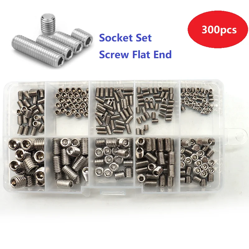 Retailing In Stock 300pcs/Box Stainless Steel DIN916 Flat End Socket Head Hex Set Screws Kits M3 M4 M5 M6 M8 Grub Screws Set