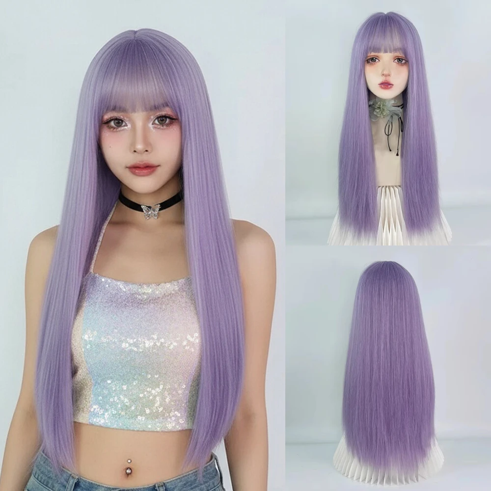 VICWIG Lolita Cosplay Wig with Bangs Fluffy Women Synthetic Long Straight Purple Hair Heat Resistant Wig for Daily Party