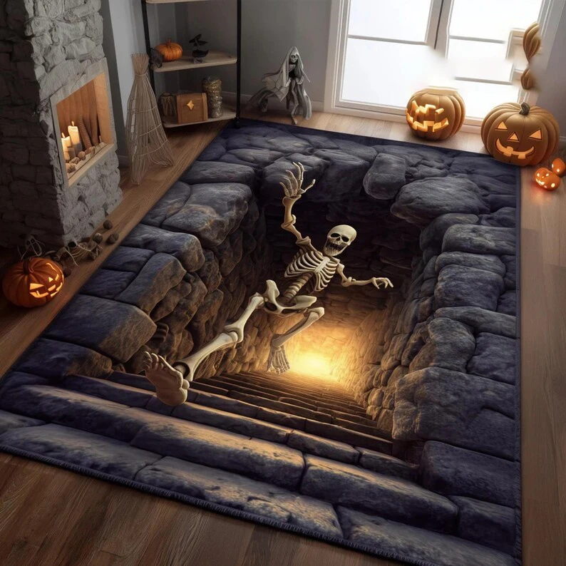 Tapis imprimé squelette 3D effrayant, tapis d'illusion d'escalier fantôme, tapis gothique pour Halloween, accessoires amusants et maléfiques, cadeau