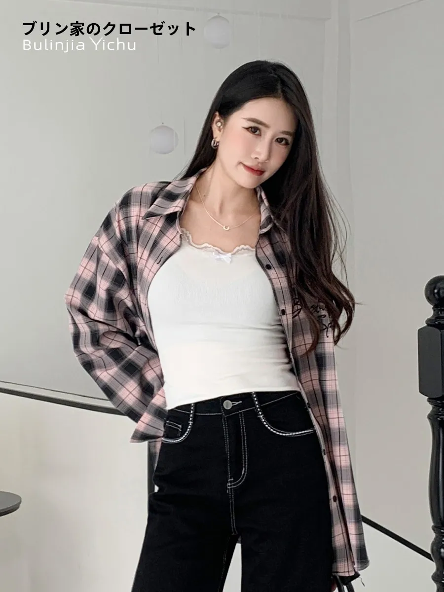 

Women's Plaid irt Casual Sle Long Sve Collar Outerwear Spring Autumn New Korean Sle Small Size Cardigan Thin Coat