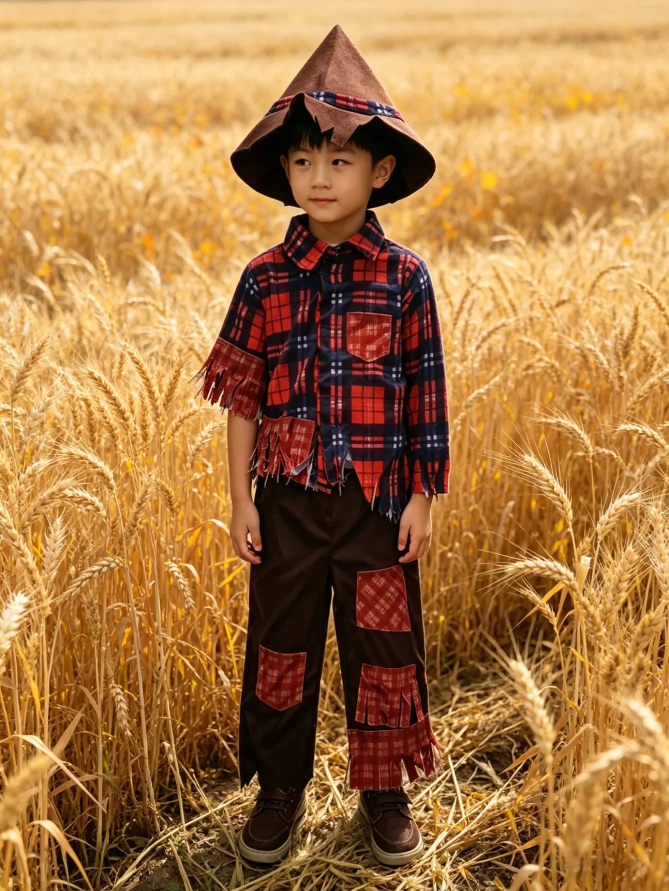Conjunto completo de disfraz de espantapájaros para niños con sombrero puntiagudo, traje decorado con flecos, perfecto para disfrazarse en la fiesta de Halloween