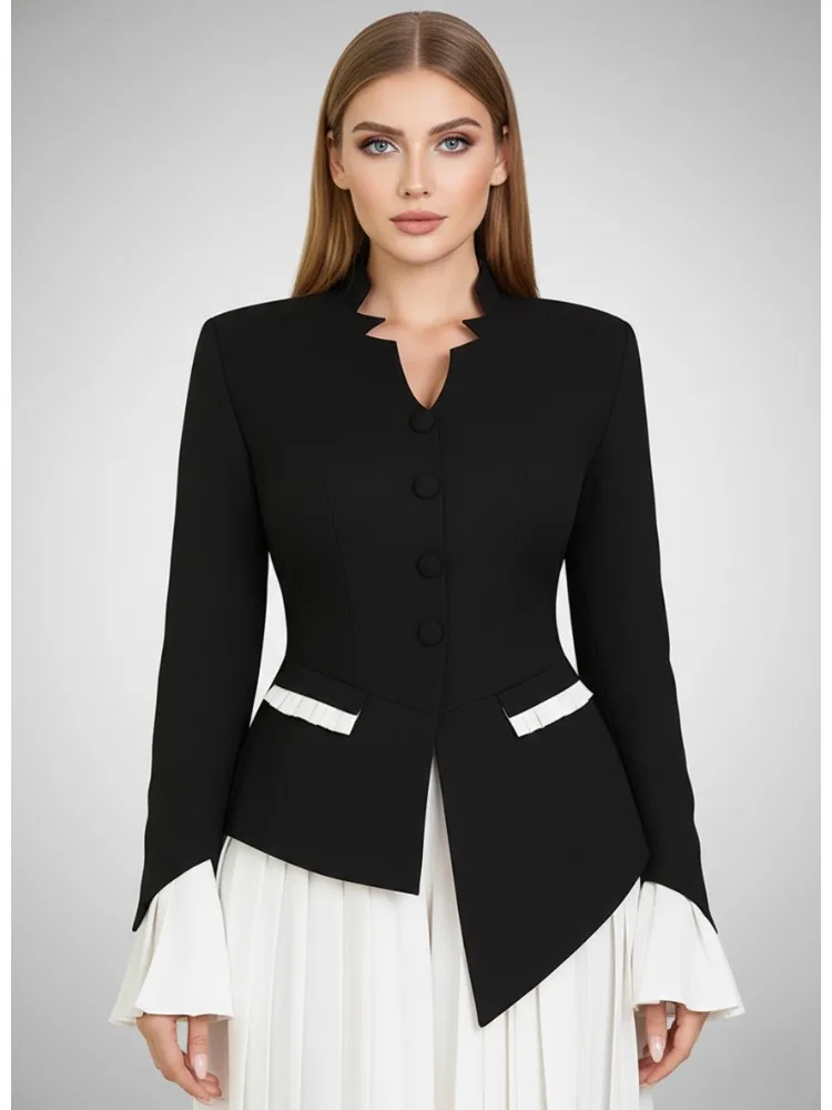 Bonboho Women's Contrast Color Jacket Stand Collar Single Breasted Asymmetric Blazer Jacket 2026 Stylish Workwear Fashion Coat