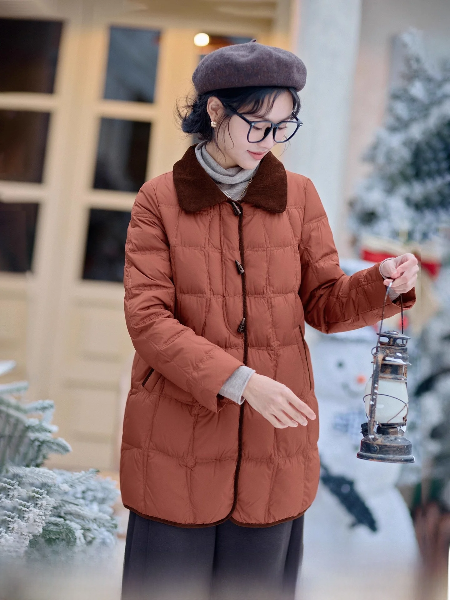 

Brown Du down Jaet Women's Mid-Length Coat Warmth Artistic Sle Long Sve Polyester Fabric Stand Collar Single Button