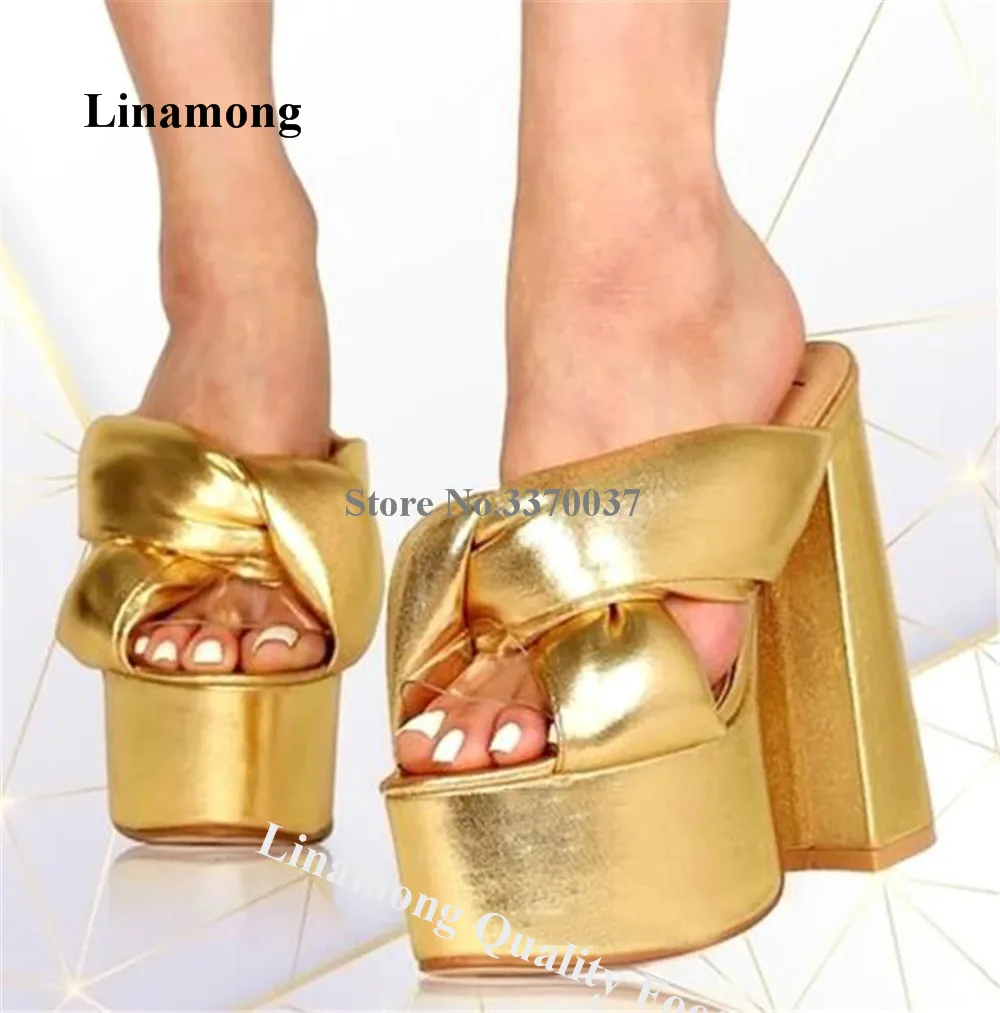 

Linamong Fashion PVC Patchwork Bowtie Chunky Heel Slippers Open Toe Gold Silver Pink High Platform Thick Heel Sandals Big Size