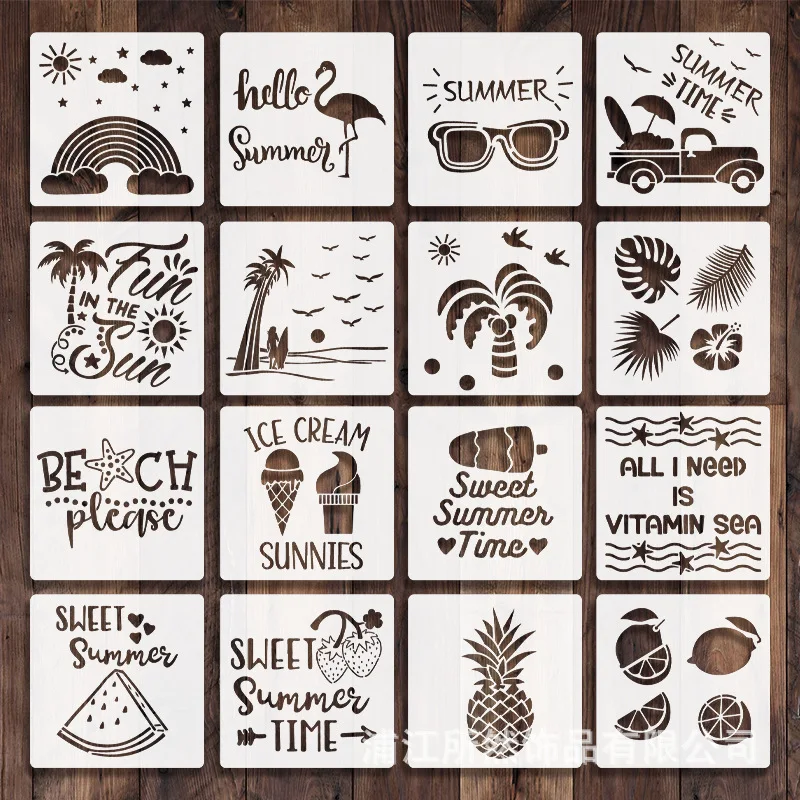 16Pcs/Lot 15cm Summer Party Beach DIY Layering Stencils Wall Painting Scrapbook Coloring Embossing Album Decorative Template