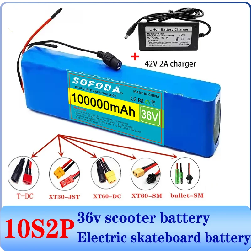 10S2P 36V 100000mAh 18650 Lithium-ion Battery 1000W High-power and High-capacity 36V Motorcycle Scooter