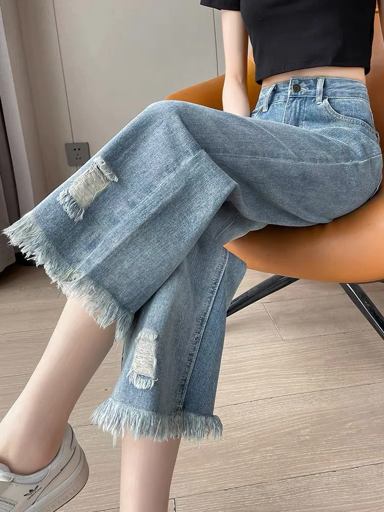 Spring Summer Women's Straight Leg Fringed Jeans Loose Fit High Waist Deep Blue Light Blue Nine-Tenths Length Denim Pants